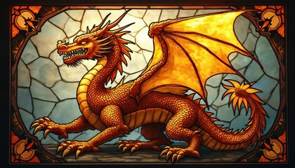 Fototapeta premium Illustration of a dragon in stained glass. The artwork features a detailed fire breathing dragon. It has vibrant colors and a fantasy design. A medieval themed stained glass dragon.