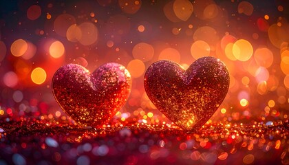 Two sparkling red hearts surrounded by shimmering bokeh lights, creating a festive romantic atmosphere