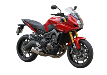 Isolated Yamaha MT-09 Tracer bike in red, motorcycle on a studio cutout, vehicle closeup view