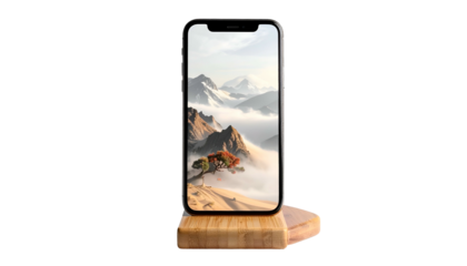 Phone with mountain art sits on wooden stand
