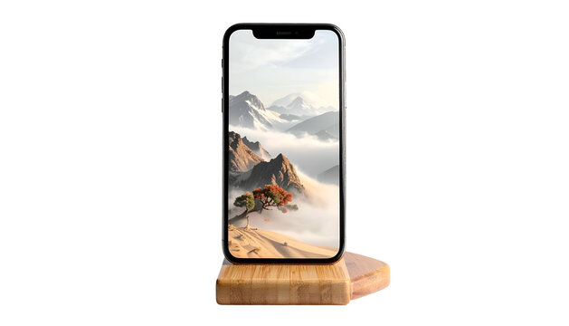 Phone with mountain art sits on wooden stand