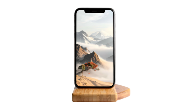 Phone with mountain art sits on wooden stand