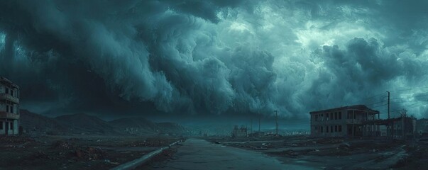 Dark cloudy sky with storm brewing in distance concept. Mysterious stormy sky over abandoned buildings and empty road.