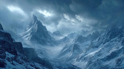 Dark cloudy sky with storm brewing in distance concept. Majestic snow-covered mountains under a dramatic cloudy sky.