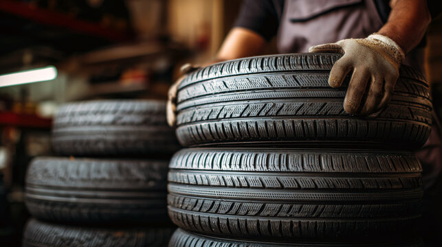 A man wearing gloves holds a tire in a garage. The tires are stacked on top of each other. A mechanic is changing new summer and winter tires in the garage.