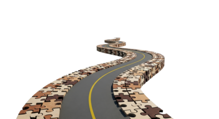 Concept of a long winding road paved with puzzle pieces showing business solution and future direction. isolated PNG with Transparent Background