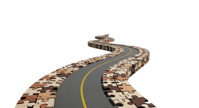 Concept of a long winding road paved with puzzle pieces showing business solution and future direction. isolated PNG with Transparent Background