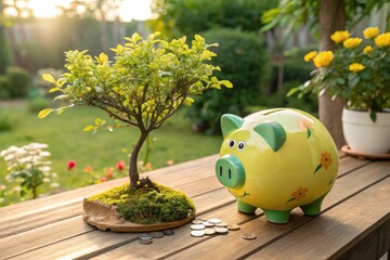 Building Wealth With a Piggy Bank and a Money Tree in a Garden Setting