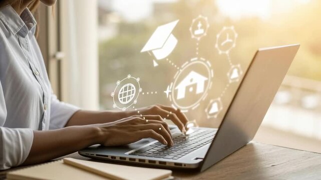 Engaging online learning concept with person typing on laptop and educational icons floating