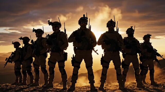 Group of soldiers marching in formation during sunset with silhouetted figures and dust clouds