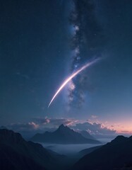 Celestial event over mountain range. Bright comet streaks through starry night sky above mountain peaks. Cosmic trail creates a beautiful light. Milky way galaxy and clouds fill the scene