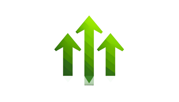 Three ascending green arrows on black. Represents growth, progress, and upward movement