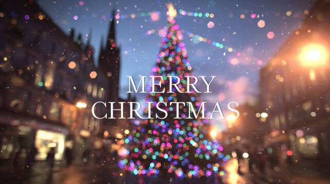 Illuminated christmas tree in city square with merry christmas text in glowing multicolor lights, festive urban holiday celebration scene with bokeh and lens flare effects