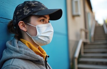 Portrait of woman wearing face mask and cap standing outdoors. Person protects from infection. Disease prevention during virus pandemic. Young female wears protective mask during quarantine in city.