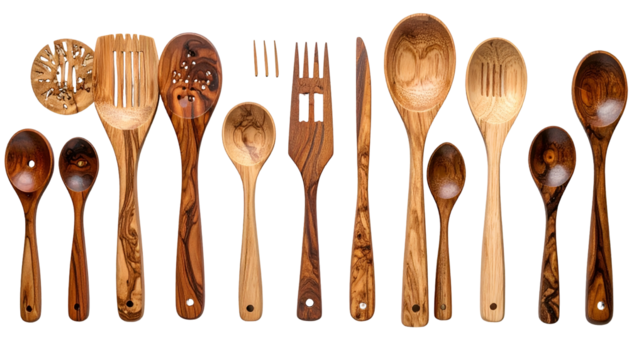 Wood kitchen tools spoons, spatula, fork, utensil, slotted