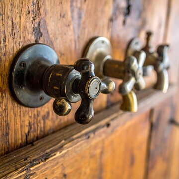 Close-up of antique brass water faucets on rustic wood