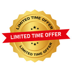 Vector art of golden seal with red ribbon and text limited time offer repeated around the edge and on the ribbon