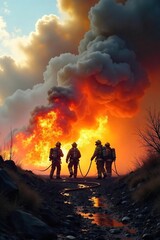 Brave Firefighters Battle Raging Inferno Teamwork and Courage Amidst Smoke and Flames, Dramatic Rescue Scene at Building Fire