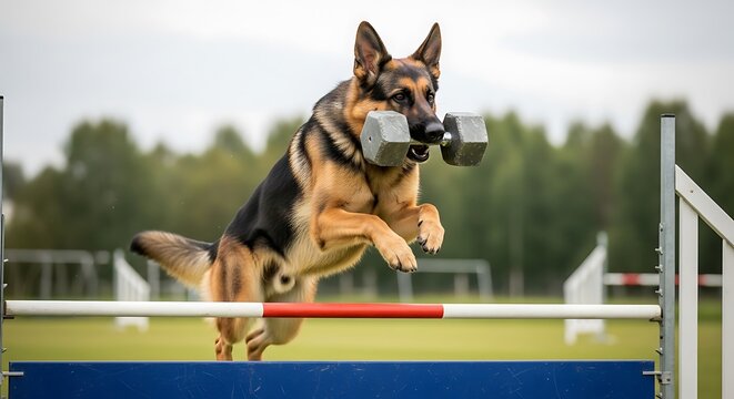 German Shepherds Agility - A Focused Leap with a Dumbbell.