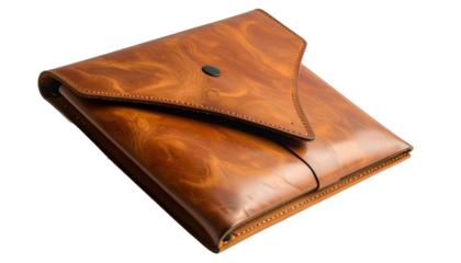 Shiny leather envelope-style document holder on a black background