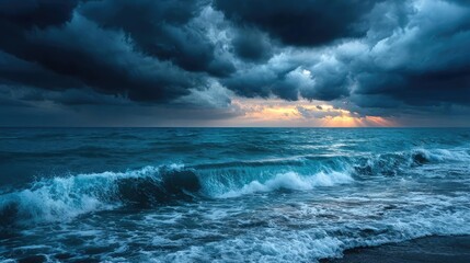 Dark cloudy sky with storm brewing in distance concept. Dramatic sea waves under a stormy sky at sunset.