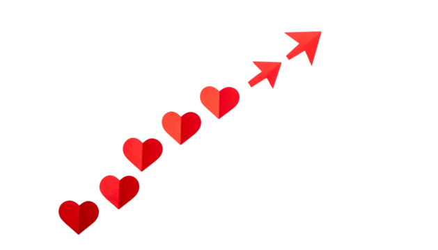 Red hearts ascending diagonally to an arrow, symbolizing growth and love, against a black backdrop