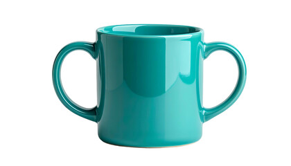 A turquoise ceramic mug with two handles, isolated on a black background