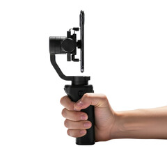 Hand holding a black smartphone gimbal stabilizer device for mobile video recording isolated PNG with Transparent Background