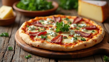 Delicious pizza with bacon, blue cheese rests on wooden board. Fresh herbs, cheese slices complement meal. Rustic food photo ideal for culinary projects. Appetizing dish for food blogs or restaurants.