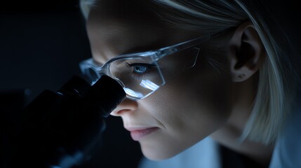 A focused scientist intently examines a sample under a microscope in a darkened laboratory, conveying dedication and the pursuit of knowledge through detailed observation.