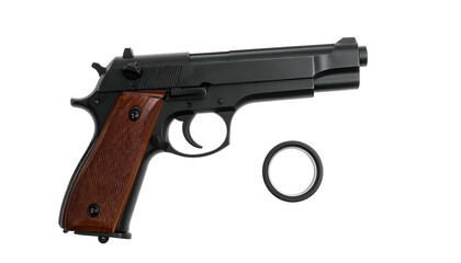 A side view of a black handgun with a wooden grip, and a detached barrel piece