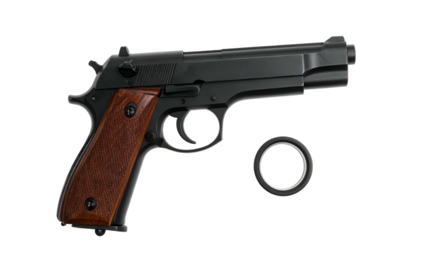 A side view of a black handgun with a wooden grip, and a detached barrel piece