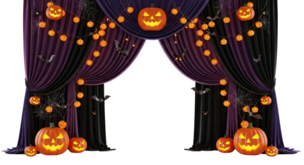Spooky Halloween velvet curtains frame decorated with glowing pumpkins and flying bats isolated PNG with Transparent Background