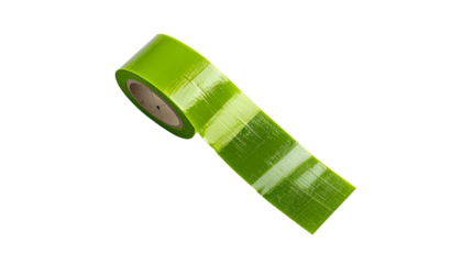 A roll of bright green adhesive tape unspooled against a black background