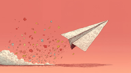 Hand-drawn paper plane flying upward pastel background modern illustration creative design element freedom concept commercial use royalty free stock photo generated ai