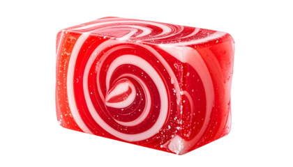 Close-up of a red and white swirled hard candy cube. Transparent edges create depth