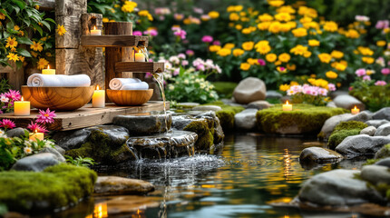 Relaxing spa stones and candles with flowers