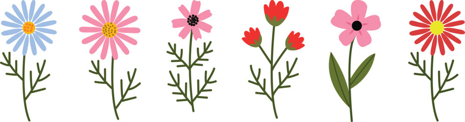 Colorful hand-drawn flower collection, cute simple floral illustration with pink, red, and blue blooms, minimal botanical vector design perfect for spring decoration, nature poster, or greeting card.
