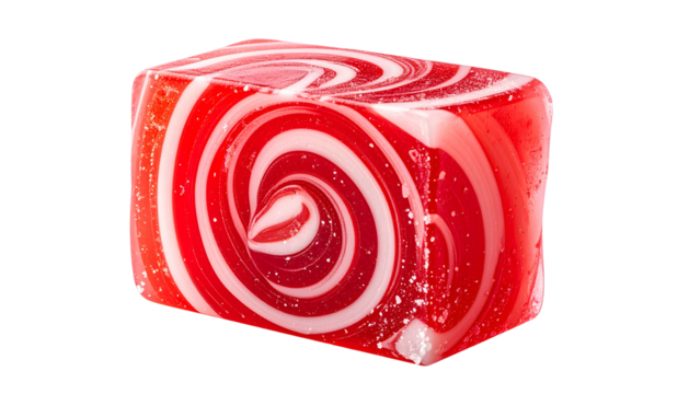 Close-up of a red and white swirled hard candy cube. Transparent edges create depth