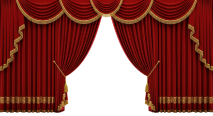 Elegant red velvet stage curtains draped with ornate gold trim and tassels. isolated PNG with Transparent Background