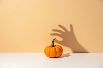 Pumpkin halloween background with hand shadow spooky season autumn harvest thanksgiving fall theme photo