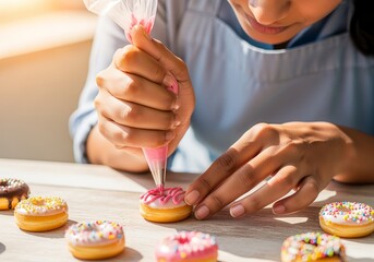 Indian woman decorating mini donuts with pink icing at home