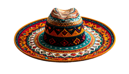 Colorful, intricately patterned sombrero, isolated against a black background