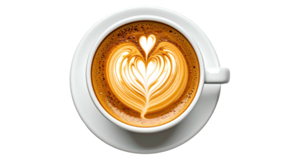 Top-down view of a white cup of coffee with milk-foam latte art shaped like a heart