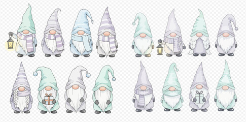A collection of watercolor gnomes in pastel mint green, light blue, and grey hats and scarves, some holding lanterns or gifts, on a transparent background.