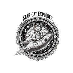 Cat in a spaceship engraving icon flat vector design.