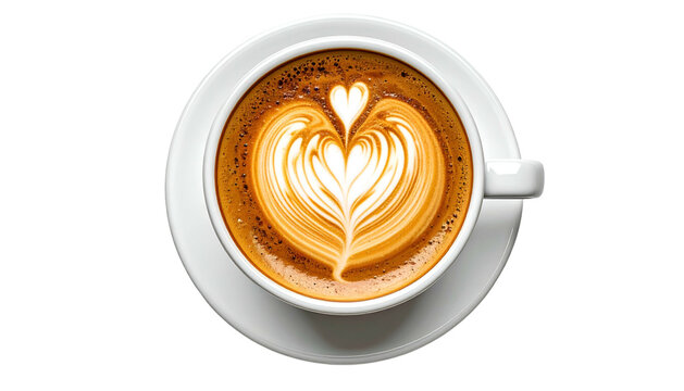 Top-down view of a white cup of coffee with milk-foam latte art shaped like a heart - Powered by Adobe