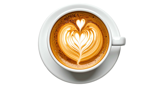 Top-down view of a white cup of coffee with milk-foam latte art shaped like a heart