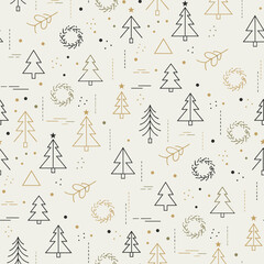 Christmas Tree Pattern Vector. Seamless Christmas Tree Pattern with wreath and ribbon. Festive decoration seamless pattern Background.