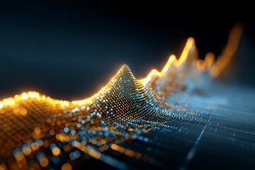 Dynamic abstract visualization of glowing data particles forming a waveform.